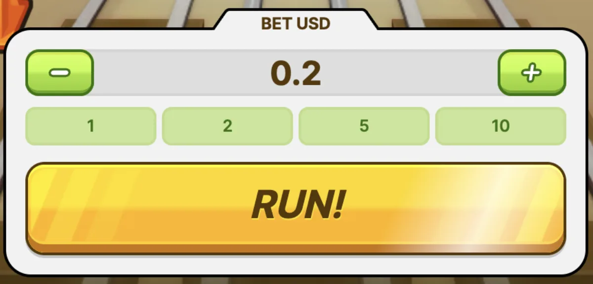 Chicken Subway betting controls showing bet amount and Run button