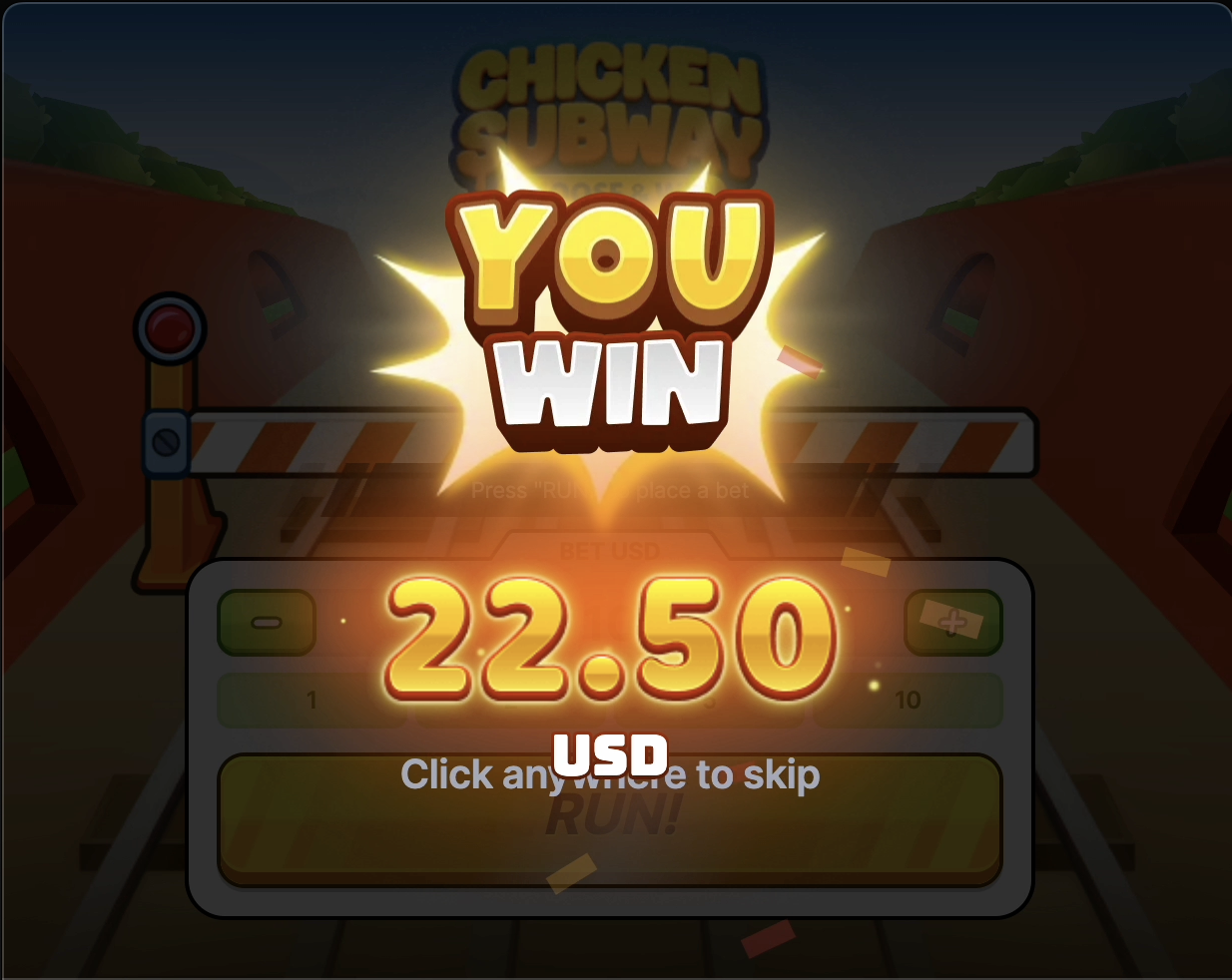 Chicken Subway Casino YOU WIN result screen showing 22.50 USD payout